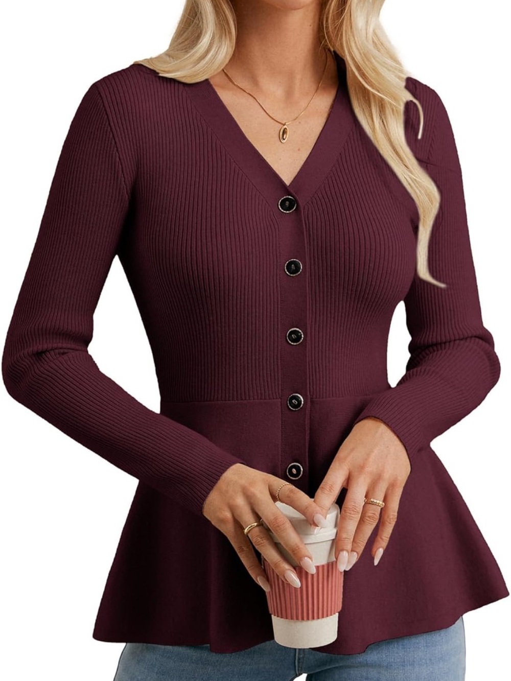 V-Neck Ribbed Button Peplum Sweater Top in Burgundy